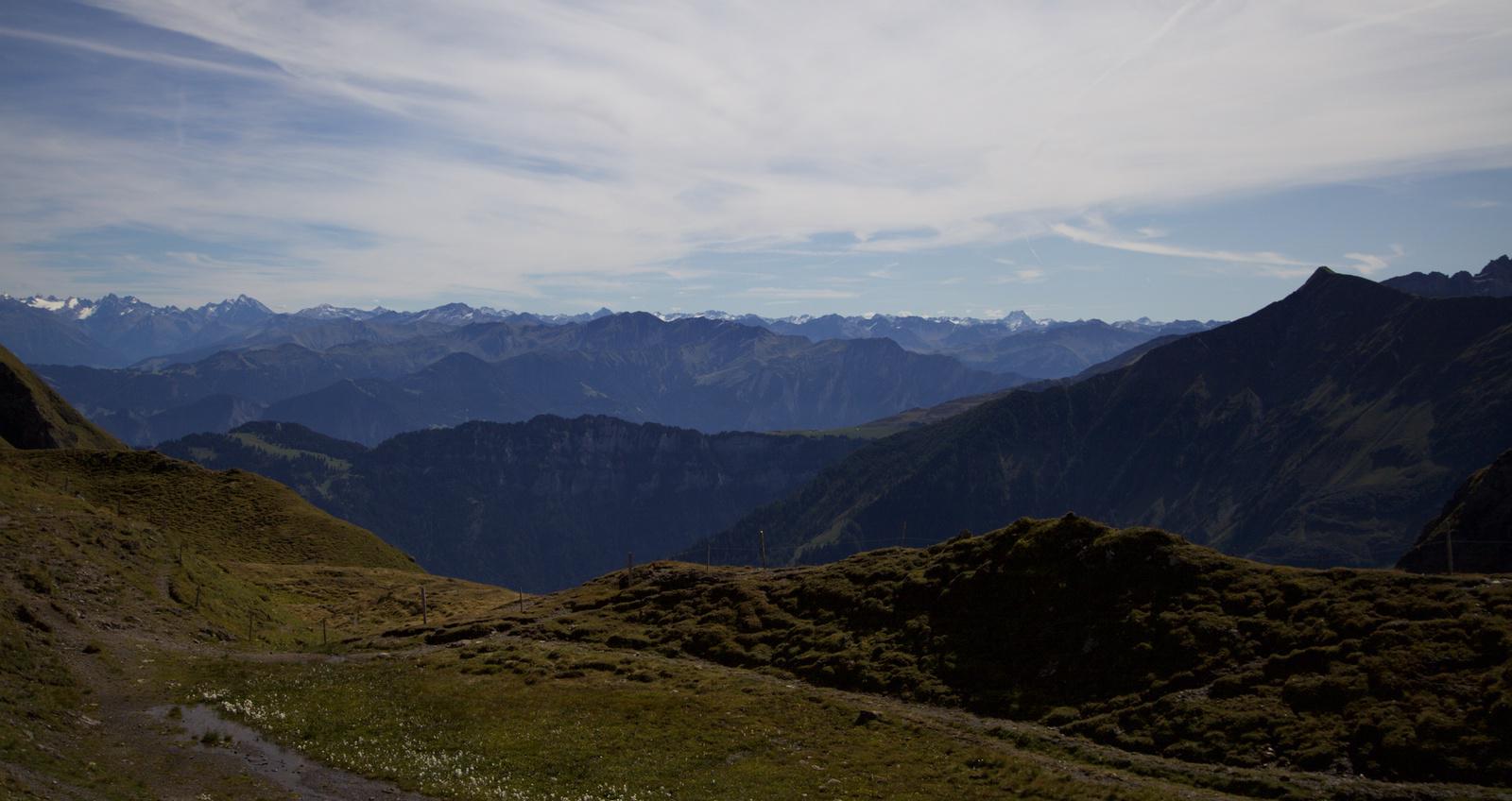 a view across a mountainous landscape; a grassy foreground with a narrow path running through it, then a shadowy ridge on the right and one or two visible layers of rocky pine forest covered mountains, and finally black rock and white snow capped mountains along the horizon with a thin white cloud overhead