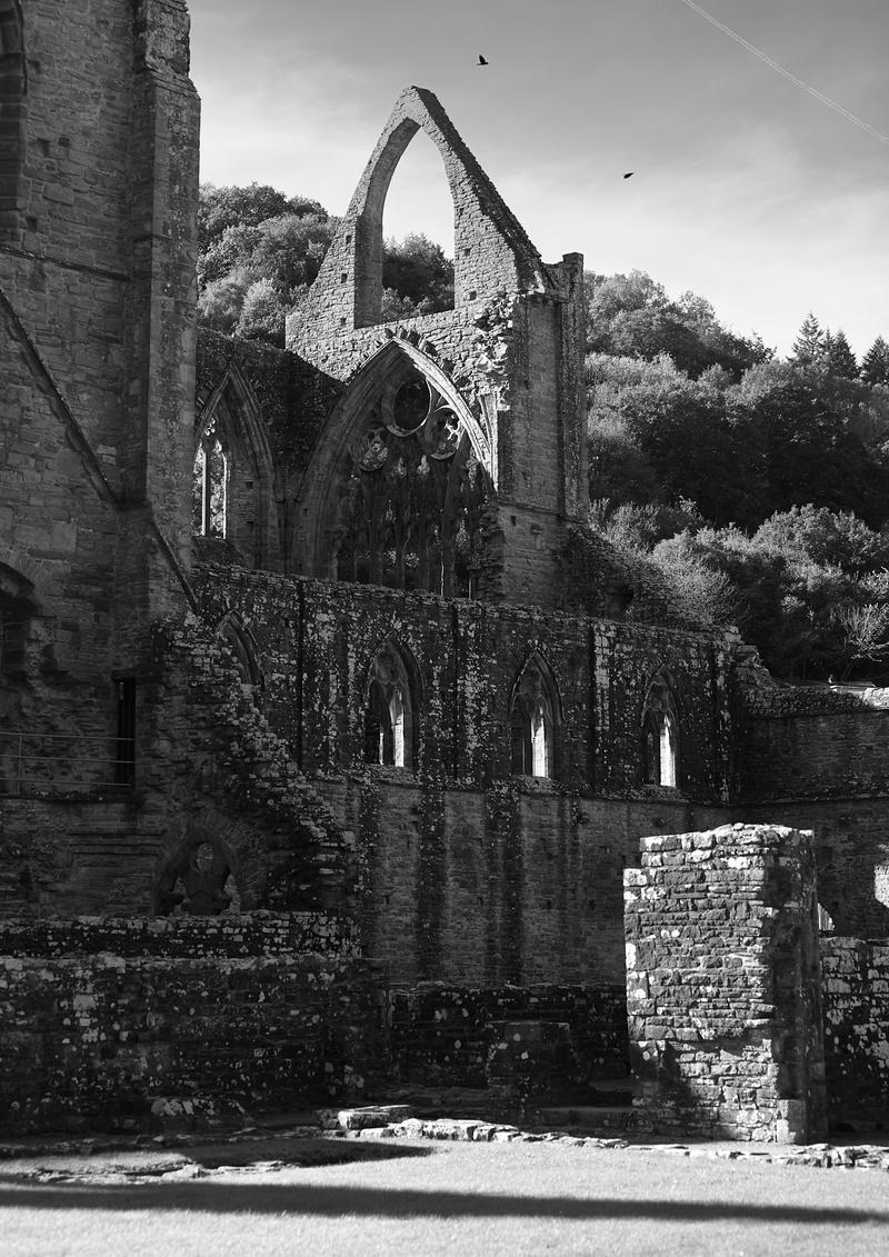Ruins of church walls crossing each other leading to the back of the front wall