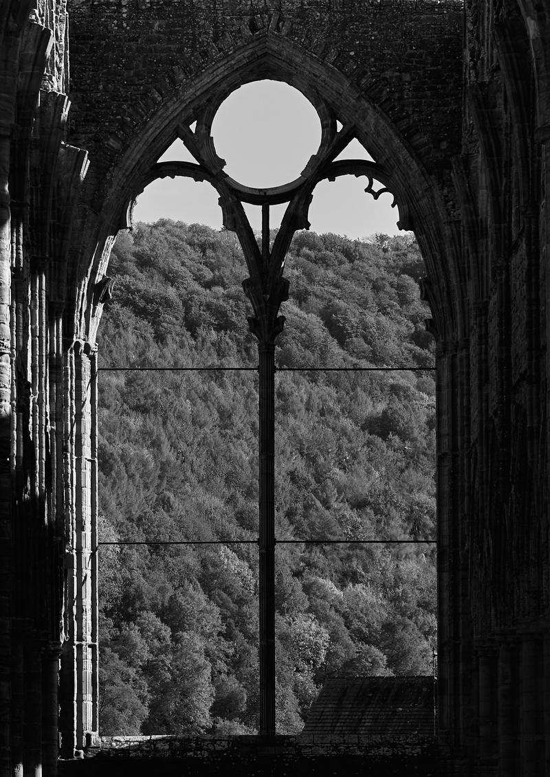 Main window behind what would have been the church's altar, no glass, forest visible through the window