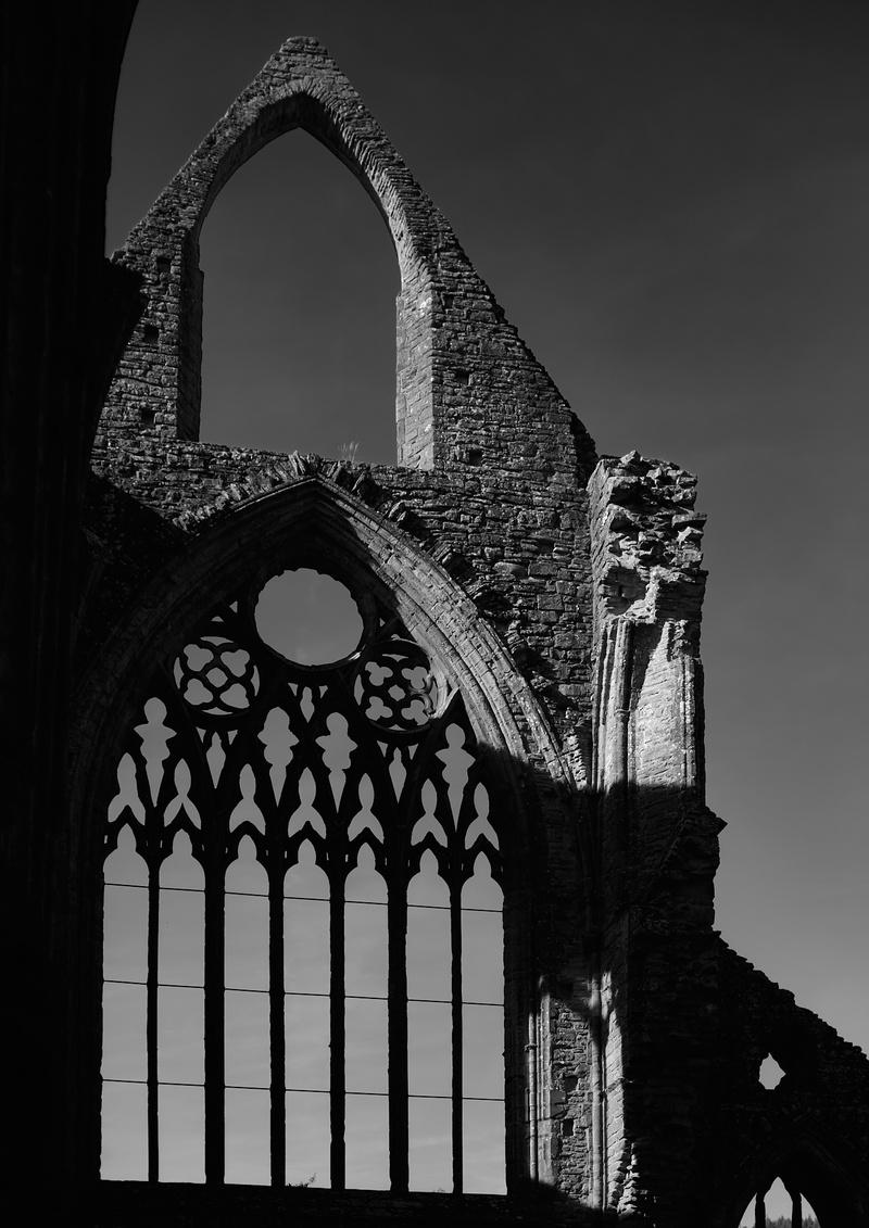 Rear of the front wall of the abbey showing what used to be a 9-pane stained glass window